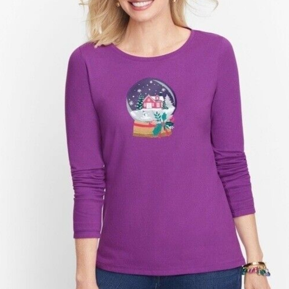 Talbots Purple Snow globe Festive Crewneck Long Sleeve Tee Size L